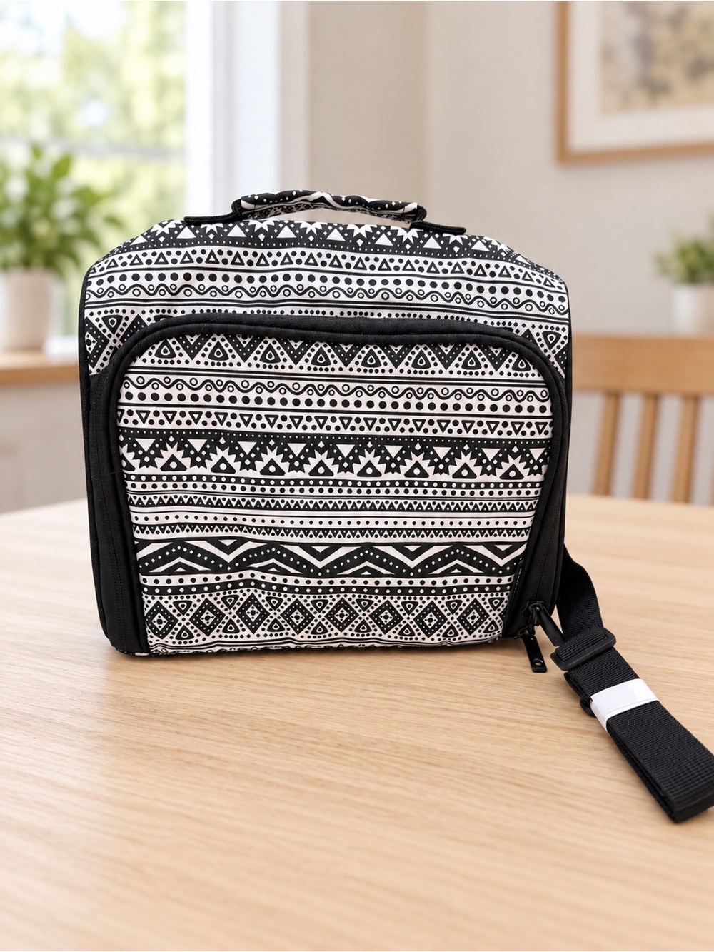 NWT J World New York Insulated Lunch Bag Black and White Tribal Print with Strap